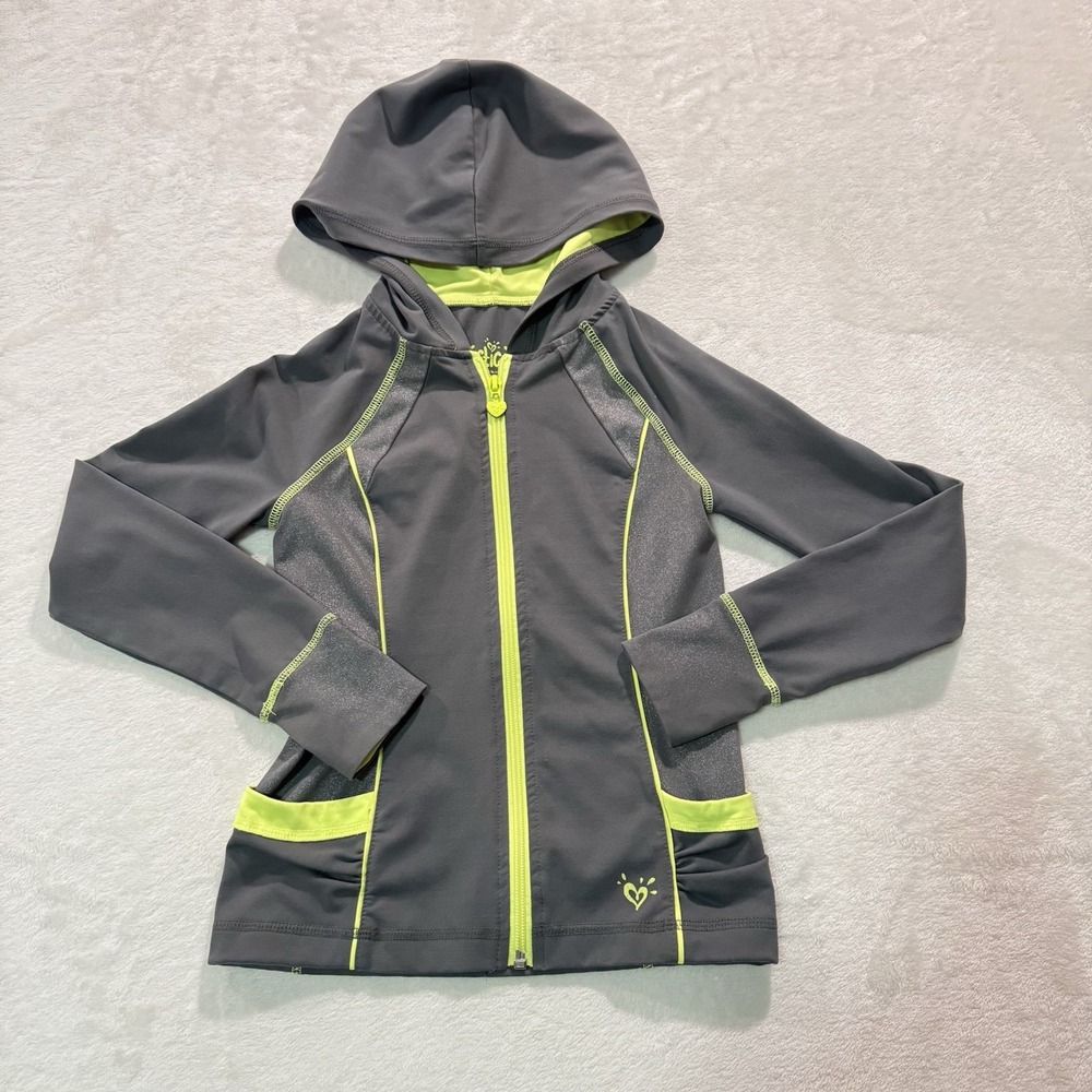 Justice Girl's Hooded Athletic Jacket Grey/Yellow Thumb Hole Size 7